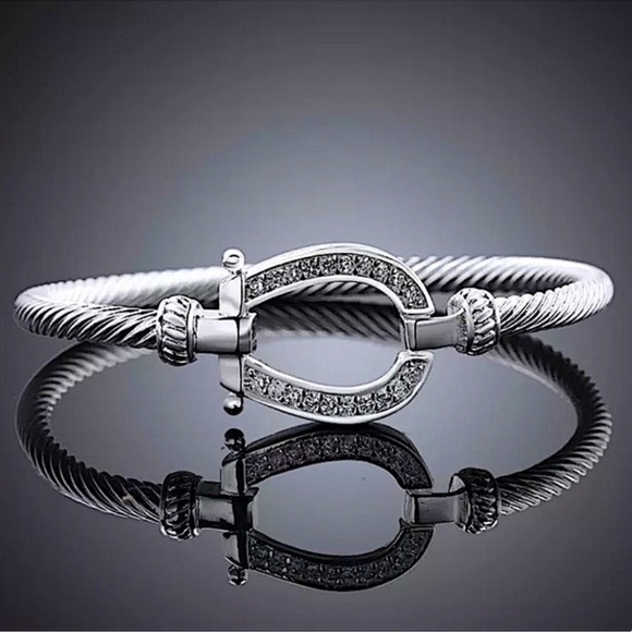 Horseshoe Sterling Silver Zircon Bangle Bracelet - Picture 2 of 8